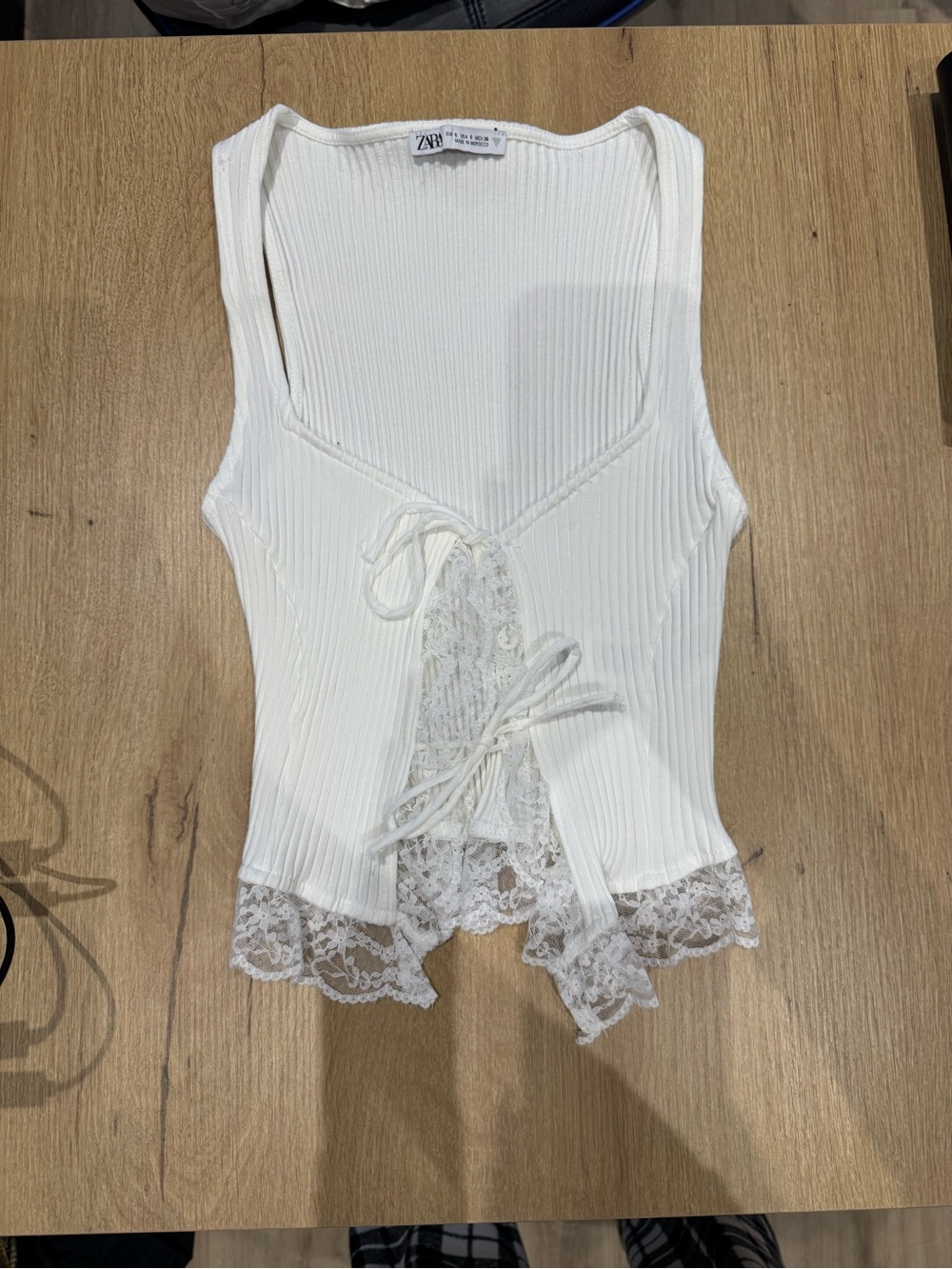 Zara Cream Ribbed Lace-Up V-Neck Tank